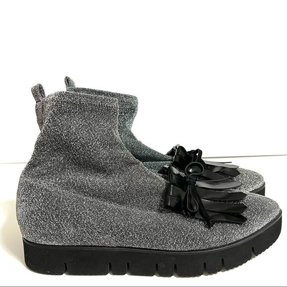 Kennel & Schmenger Ankle Sock Boots Silver Black Sparkly Fringe Pointy Toe New 7 - Picture 7 of 14